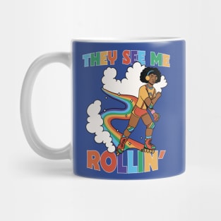 They See Me Rollin' // Funny Retro Rainbow Rollerblading Mug